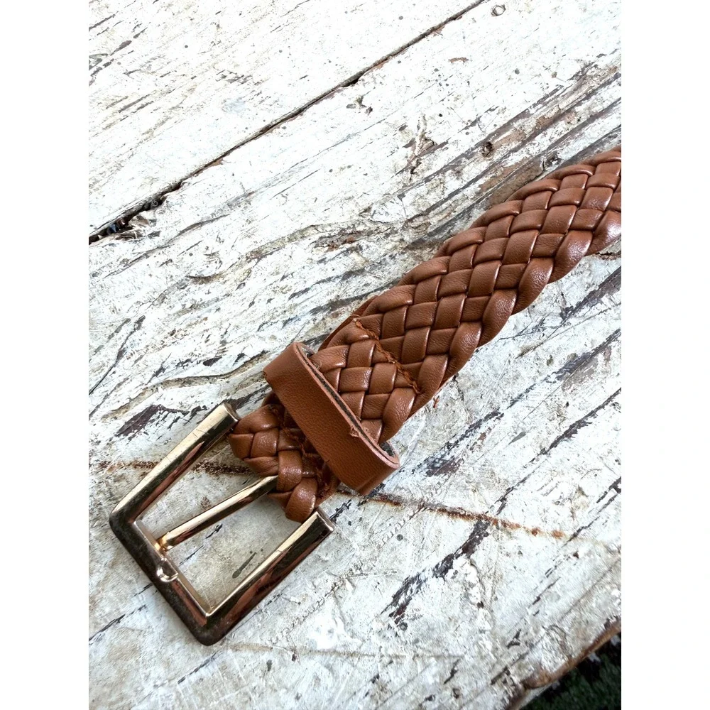 Cognac Brown Braided Woven Belt Square Buckle Faux Leather Adjustable - Picture 4 of 7